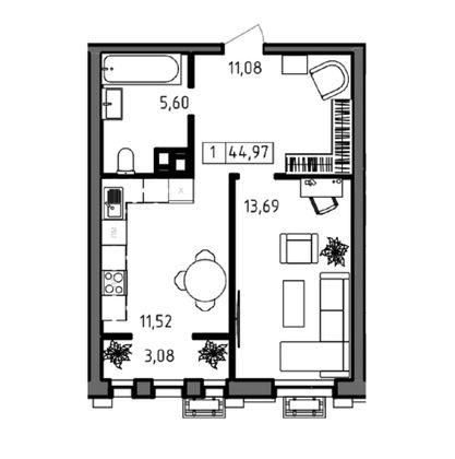 Продажа 1-комнатной квартиры 45 м², 4/23 этаж