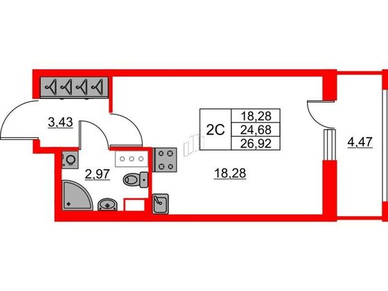 Продажа квартиры-студии 24,7 м², 14/23 этаж