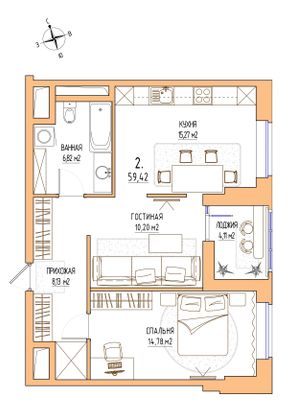 Продажа 2-комнатной квартиры 59,4 м², 16/17 этаж