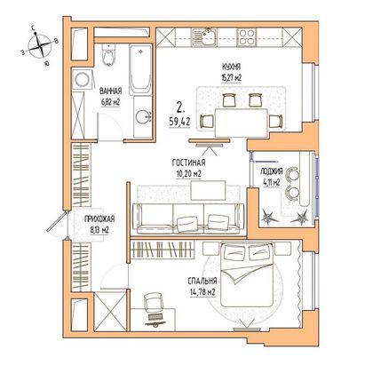 Продажа 2-комнатной квартиры 59,4 м², 15/17 этаж