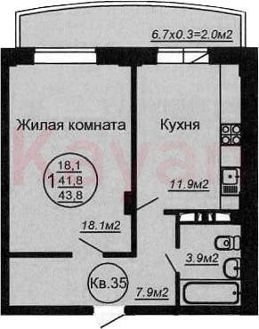 Продажа 1-комнатной квартиры 43,9 м², 6/6 этаж