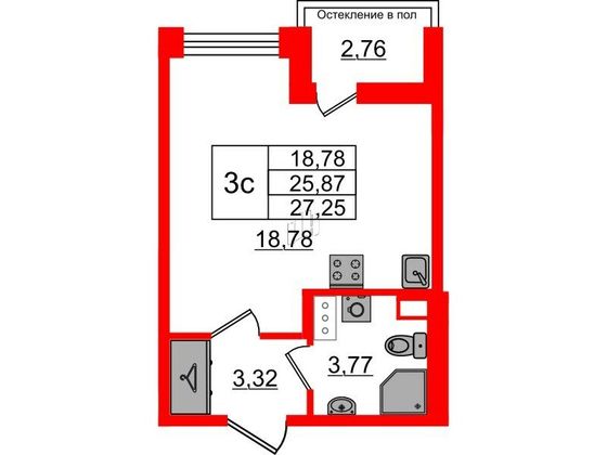 Продажа квартиры-студии 25,9 м², 2/12 этаж