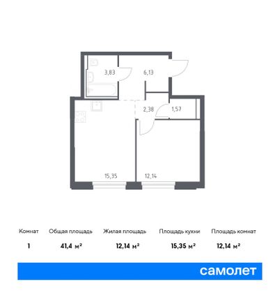 41,4 м², 1-комн. квартира, 15/30 этаж