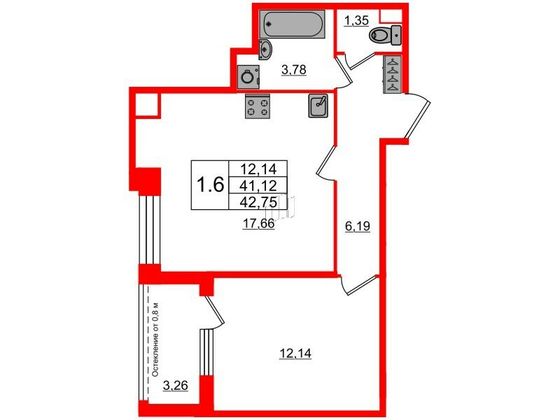 Продажа 1-комнатной квартиры 41,1 м², 1/12 этаж