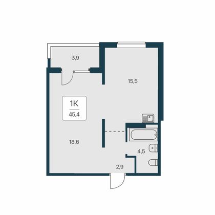 45,4 м², 1-комн. квартира, 1/17 этаж