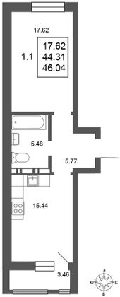Продажа 1-комнатной квартиры 45,8 м², 2/17 этаж
