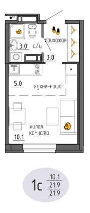 21,9 м², студия, 14/25 этаж