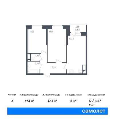 49,6 м², 2-комн. квартира, 2/23 этаж