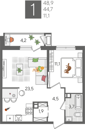 Продажа 1-комнатной квартиры 48,9 м², 9/24 этаж