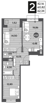 Продажа 2-комнатной квартиры 62,3 м², 9/15 этаж