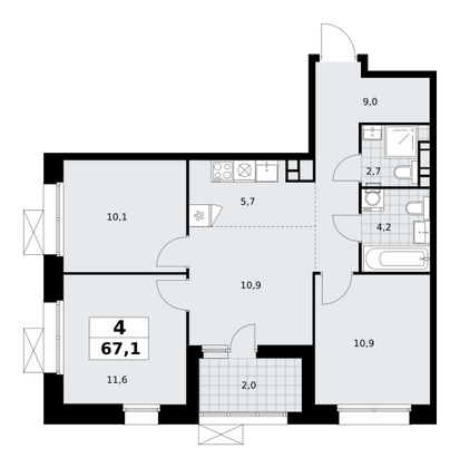 67,1 м², 4-комн. квартира, 19/21 этаж