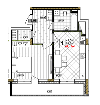 Продажа 1-комнатной квартиры 47,2 м², 15/17 этаж