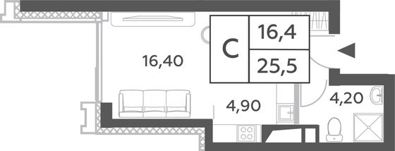 25,5 м², студия, 7/52 этаж