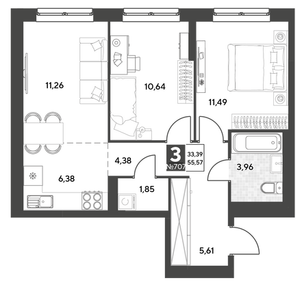 Продажа 3-комнатной квартиры 55,6 м², 12/25 этаж