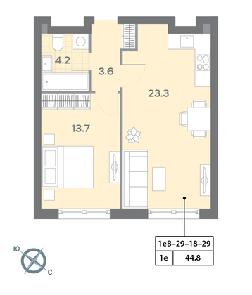 Продажа 1-комнатной квартиры 44,8 м², 27/32 этаж