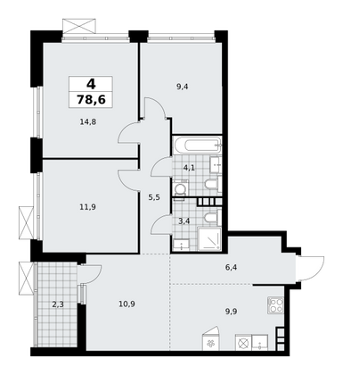 78,6 м², 4-комн. квартира, 5/18 этаж
