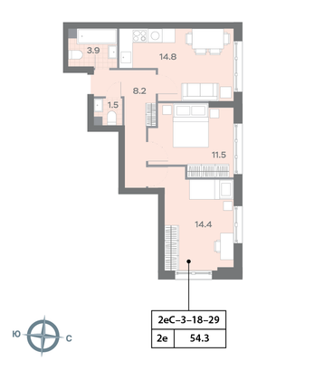 54,4 м², 2-комн. квартира, 22/32 этаж