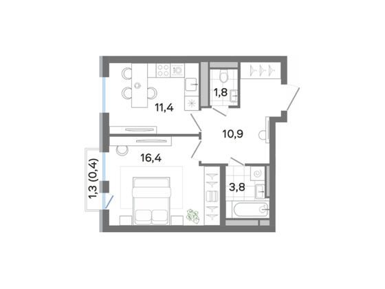 44,7 м², 1-комн. квартира, 2/4 этаж