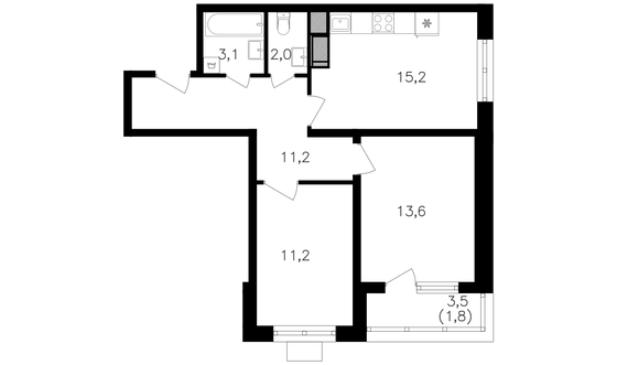 59,4 м², 2-комн. квартира, 23/25 этаж