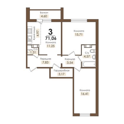 71 м², 3-комн. квартира, 3/10 этаж