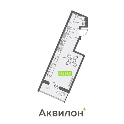 34,3 м², студия, 6/13 этаж