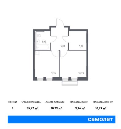 35,5 м², 1-комн. квартира, 2/6 этаж