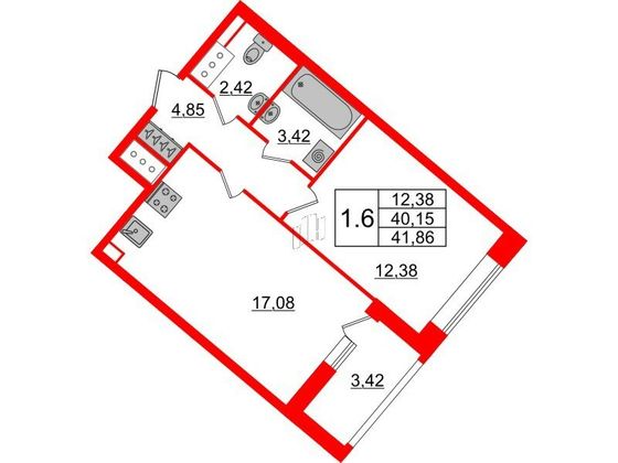 Продажа 1-комнатной квартиры 40,2 м², 18/18 этаж