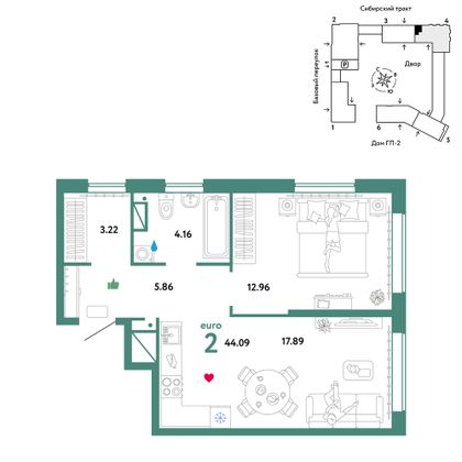 44,1 м², 2-комн. квартира, 19/32 этаж