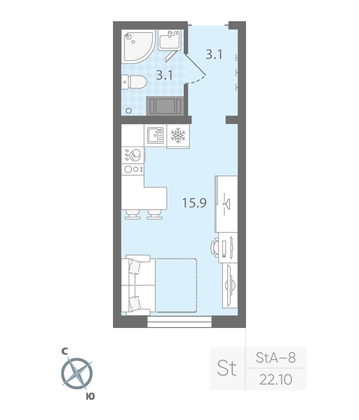 Продажа квартиры-студии 22,1 м², 3/20 этаж