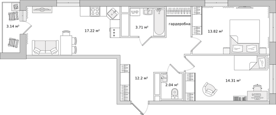 65,9 м², 2-комн. квартира, 2/22 этаж