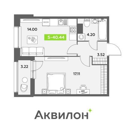 40,4 м², 1-комн. квартира, 9/12 этаж