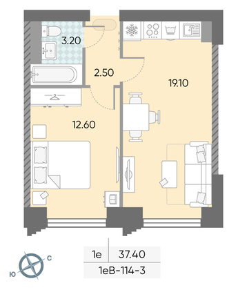 Продажа 1-комнатной квартиры 37,4 м², 3/58 этаж