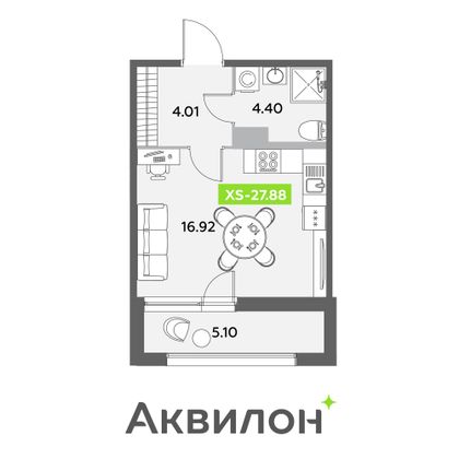 27,9 м², студия, 6/12 этаж