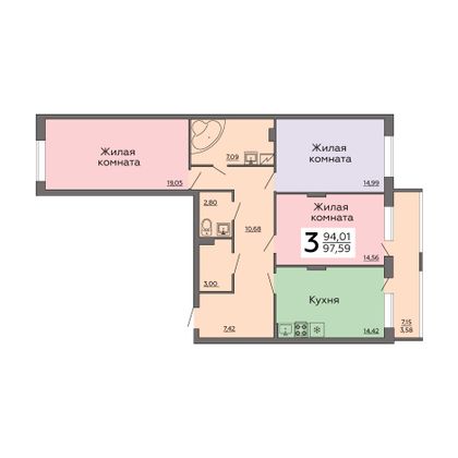 Продажа 3-комнатной квартиры 97,6 м², 2/6 этаж