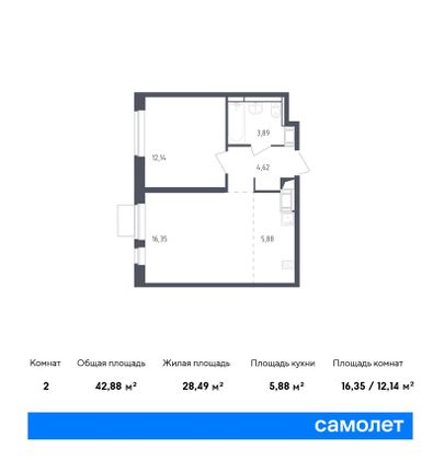 42,9 м², 1-комн. квартира, 2/12 этаж