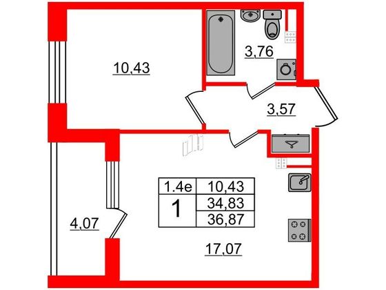 Продажа 1-комнатной квартиры 34,8 м², 4/5 этаж