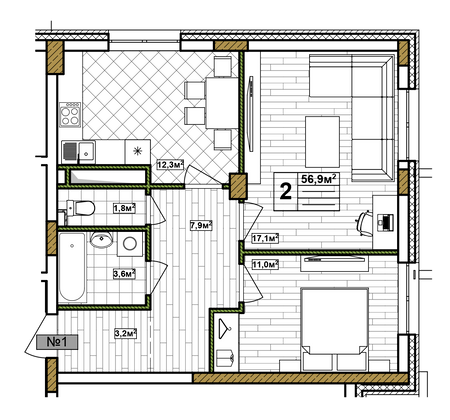 Продажа 2-комнатной квартиры 56,9 м², 1/17 этаж