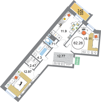 62,3 м², 2-комн. квартира, 4/12 этаж