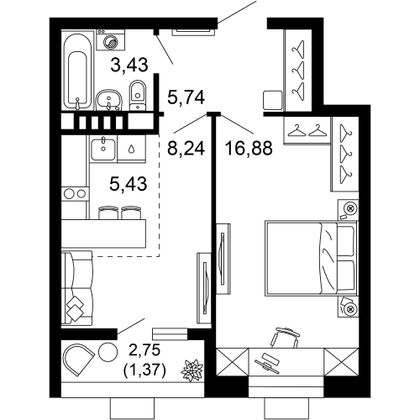 41,1 м², 2-комн. квартира, 2/10 этаж