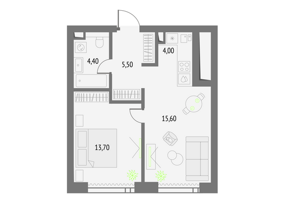 43,2 м², 1-комн. квартира, 49/55 этаж