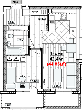 Продажа 1-комнатной квартиры 44,8 м², 9/19 этаж