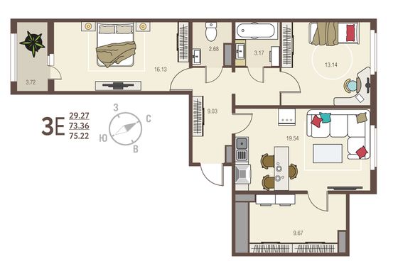 75,2 м², 2-комн. квартира, 2/17 этаж