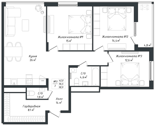 Продажа 3-комнатной квартиры 98,9 м², 17/18 этаж