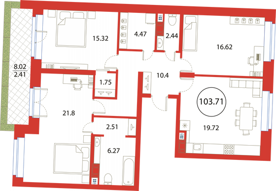 103,7 м², 3-комн. квартира, 12/12 этаж