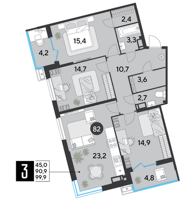 Продажа 3-комнатной квартиры 99,9 м², 10/16 этаж