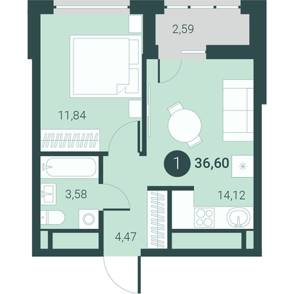 36,6 м², 1-комн. квартира, 4/10 этаж