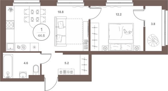Продажа 1-комнатной квартиры 44,6 м², 7/18 этаж
