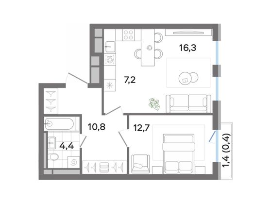 51,8 м², 2-комн. квартира, 2/4 этаж