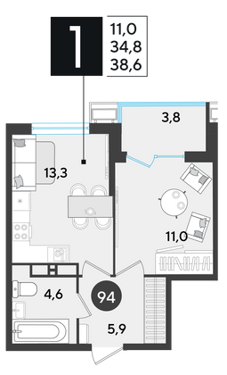 Продажа 1-комнатной квартиры 38,6 м², 11/18 этаж