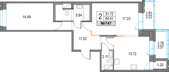 Продажа 2-комнатной квартиры 64,4 м², 3/25 этаж